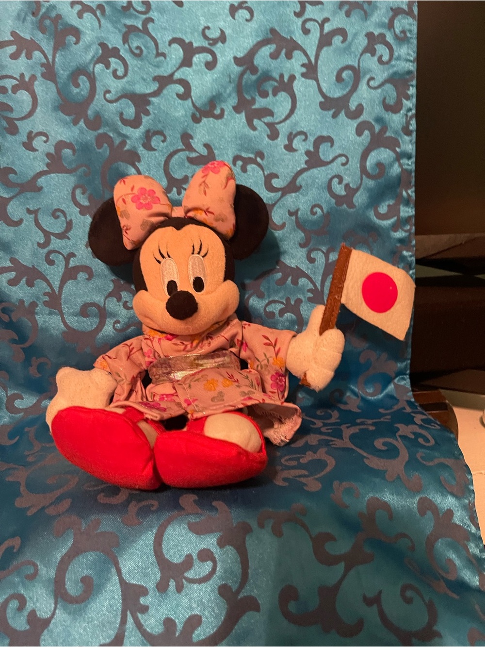 Disney Minnie Mouse Plush in Pink Floral Kimono with Red Shoes and Japanese Flag
